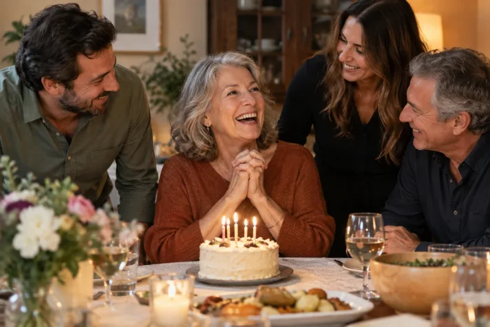 A woman laughing with family beside a birthday cake.