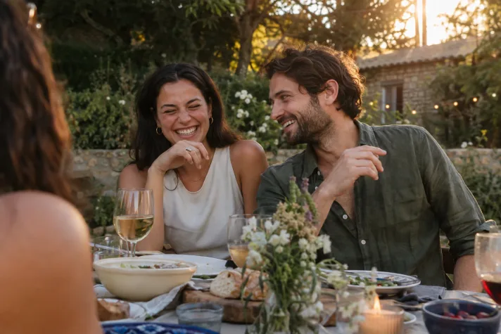 Two friends laughing together at an outdoor dinner.