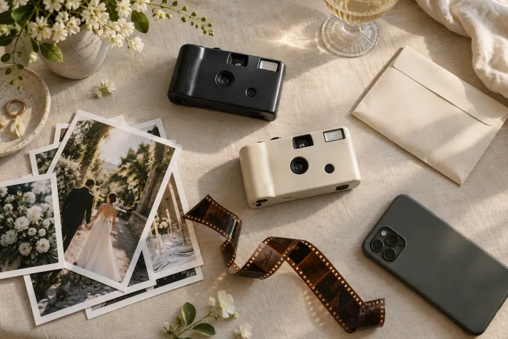 Disposable cameras, photographic prints, film and a phone on a linen table.