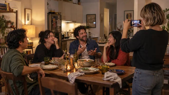Friends sharing a story around a dinner table at a house party.