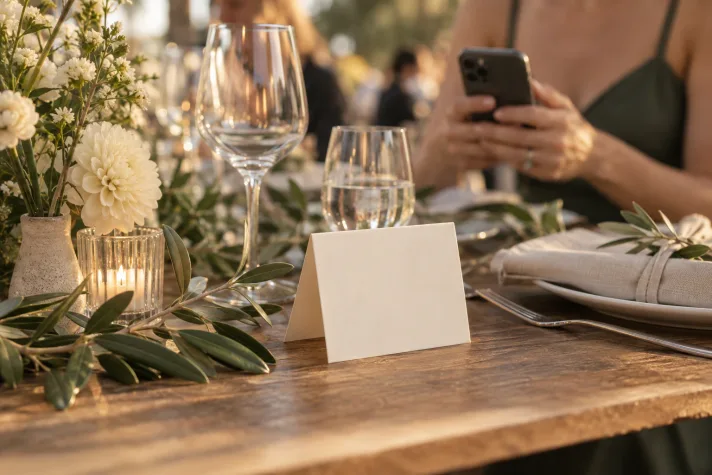 The blank reverse of an invitation card on a wedding table, with a guest holding a phone.