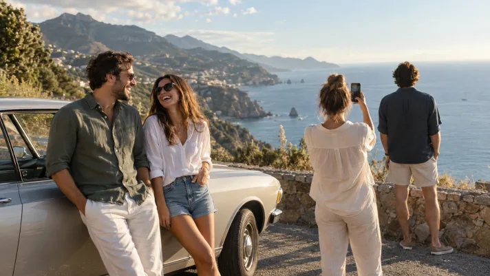 Friends stopping at a coastal overlook during a road trip.