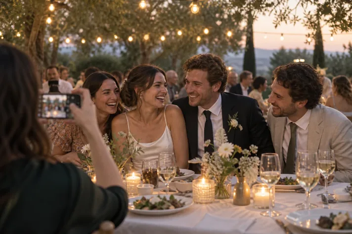 A wedding couple and friends laughing at an outdoor reception.