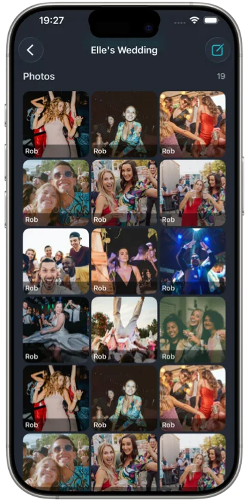 A grid of photos on the shared film, each labelled with the guest who took it.